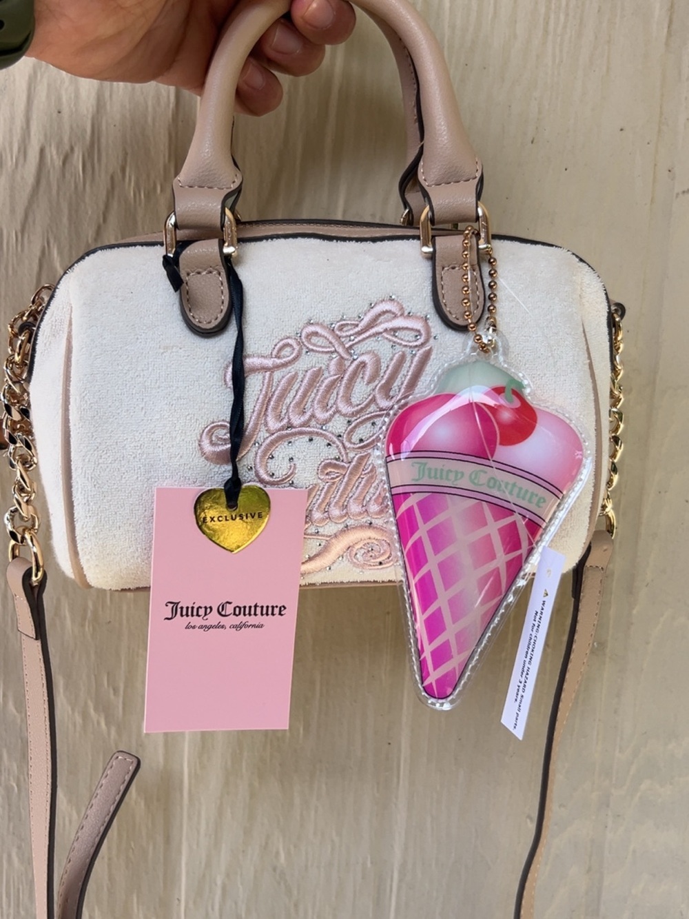 Juicy Couture Pink Lined Beige Tote with Logo Patch